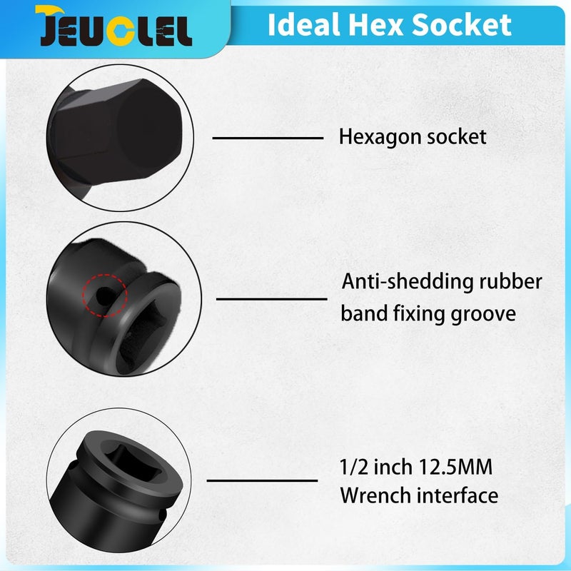 JEUCLEL 12mm Hex Impact Bit Socket, H12 1/2-Inch Impact Drive Allen Socket, Cr-Mo Steel Lengthen Hex Screwdriver Adapter for Electric Ratchet Wrenches Fastening Screws - Image 3